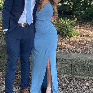 Light blue ruched prom dress